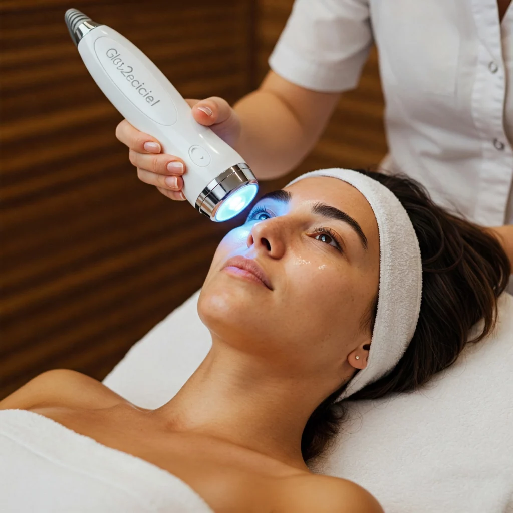 A woman on a clinical table receiving a dermatology procedure