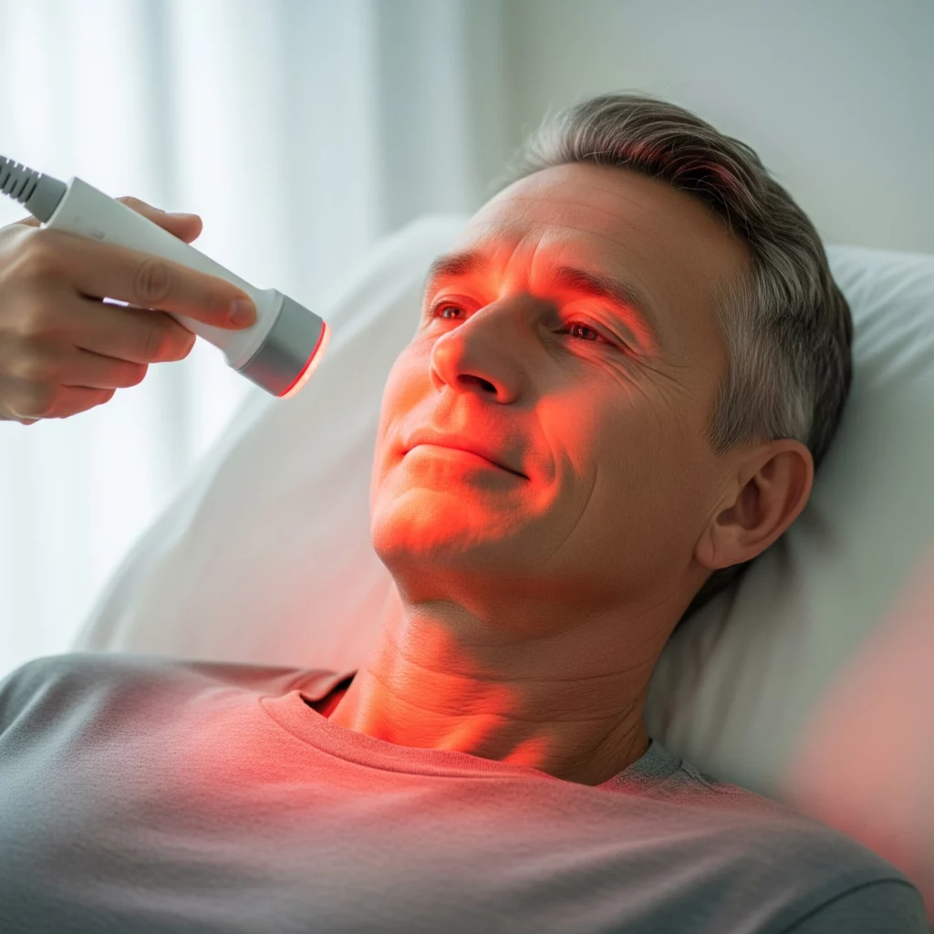 a man in a clinical setting undergoing red light therapy